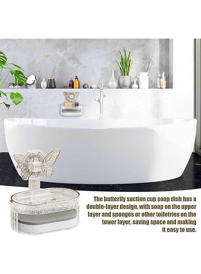 Butterfly Suction Cup Soap Holder, Wall-mounted Soap Tray, Bathroom Punch-free Drain Soap Rack,Double Layer Soap Holder with Sponge Wipe  - Image 5