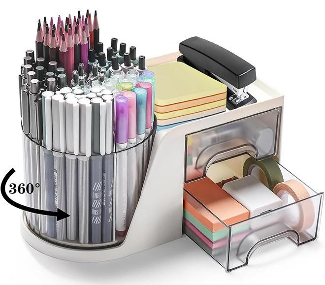 Desk Organizer with 2 Drawer, 360°Rotating Pen Holder for Desk, Desk Organizers and Accessories with 6 Slots Pencil Organizer + 2 Drawer, Art Supply Storage Box Caddy for Office