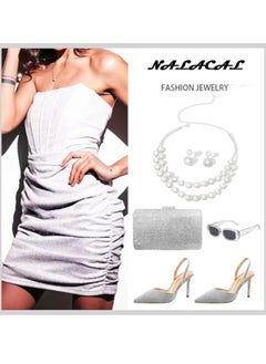 KASTWAVE Silver Necklace and Earrings Set, Jewelry Set, Rhinestone Earrings and Necklace, Crystal Bridal Wedding Jewelry Sets for Brides Bridesmaid Prom Costume Accessories for Women  - Image 5