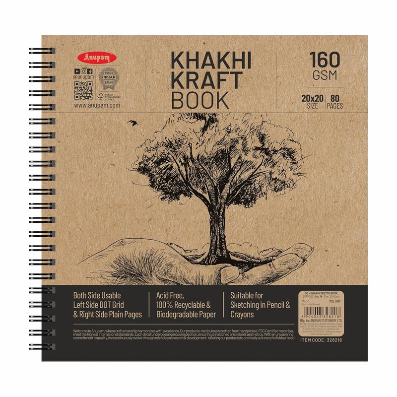 Anupam Khaki Sketchbook Wireo Book One Side DotGrid One Side Plain Paper 140 GSM Cartridge Paper Square 80 Pages - Image 1