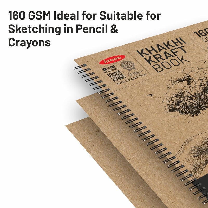 Anupam Khaki Sketchbook Wireo Book One Side DotGrid One Side Plain Paper 140 GSM Cartridge Paper Square 80 Pages - Image 4