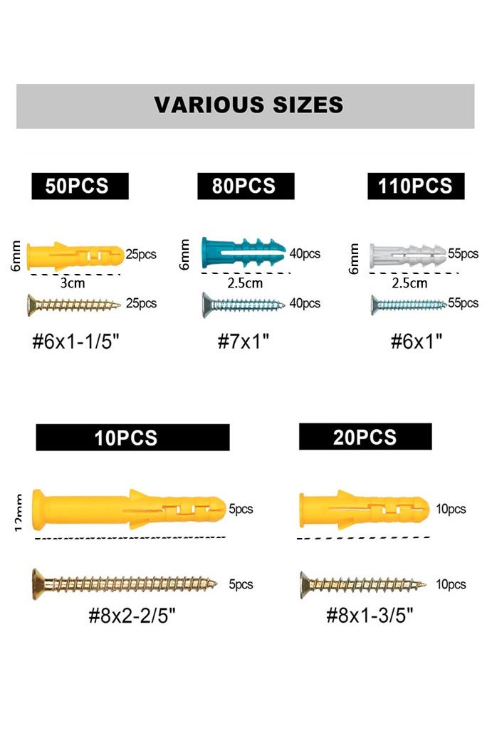 GUSGU 270PCS Drywall Anchors and Screws Assortment Kit, 135 Plastic Dry Wall Anchors and 135 Philips Flat Head Screws,  5 Sizes Galvanized Wall Anchors and Screws Assortment Kit with Organizer Box - Image 2