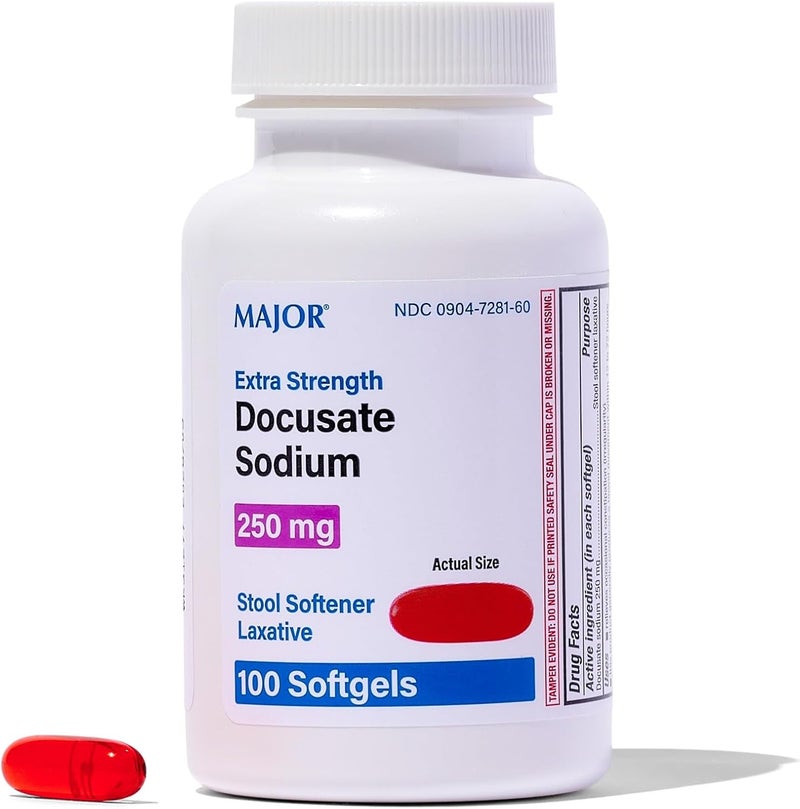 Major Pharmaceuticals MAJOR Docusate Sodium 250 mg  Extra Strength Stool Softener Laxative Softgels for Constipation Relief  Gentle Stool Softeners for Women Men and Kids Ages 12  100 Softgels 1 Pack - Image 1