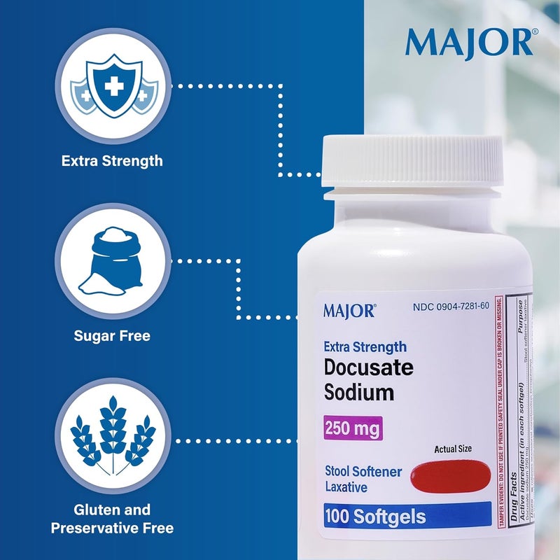 Major Pharmaceuticals MAJOR Docusate Sodium 250 mg  Extra Strength Stool Softener Laxative Softgels for Constipation Relief  Gentle Stool Softeners for Women Men and Kids Ages 12  100 Softgels 1 Pack - Image 4