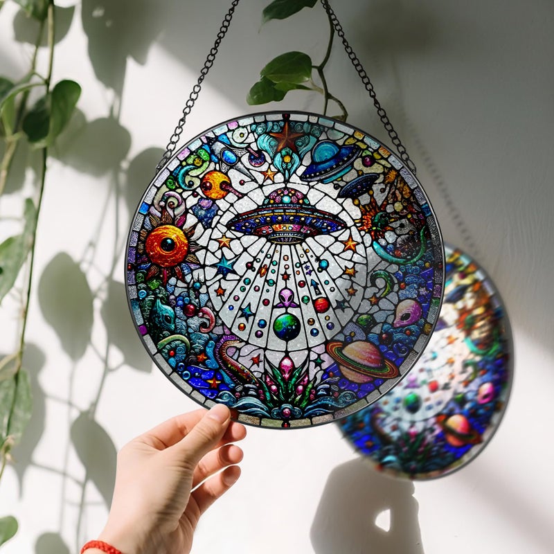 LAOWEIKI Stained Glass Window Hanging, LAOWEIKI 8'' UFO&Alien Suncatcher, Stained Glass Ornament, Suncatchers for Windows Hanging, Window Decor, Outdoor or Indoor, Gifts for Friends, Art Lover, Astronomer - Image 3