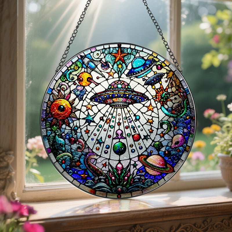 LAOWEIKI Stained Glass Window Hanging, LAOWEIKI 8'' UFO&Alien Suncatcher, Stained Glass Ornament, Suncatchers for Windows Hanging, Window Decor, Outdoor or Indoor, Gifts for Friends, Art Lover, Astronomer - Image 5