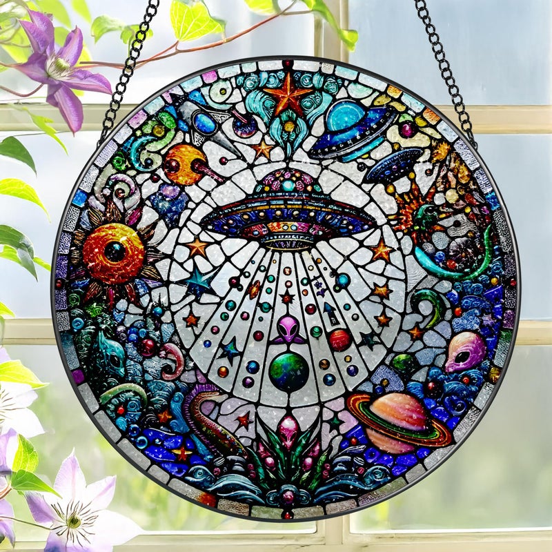 LAOWEIKI Stained Glass Window Hanging, LAOWEIKI 8'' UFO&Alien Suncatcher, Stained Glass Ornament, Suncatchers for Windows Hanging, Window Decor, Outdoor or Indoor, Gifts for Friends, Art Lover, Astronomer - Image 1