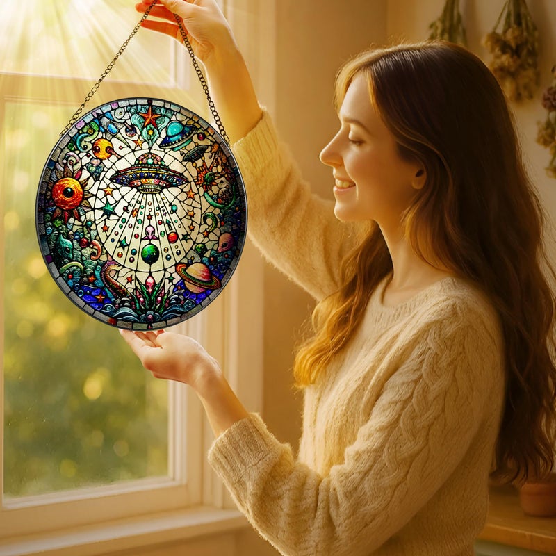 LAOWEIKI Stained Glass Window Hanging, LAOWEIKI 8'' UFO&Alien Suncatcher, Stained Glass Ornament, Suncatchers for Windows Hanging, Window Decor, Outdoor or Indoor, Gifts for Friends, Art Lover, Astronomer - Image 2
