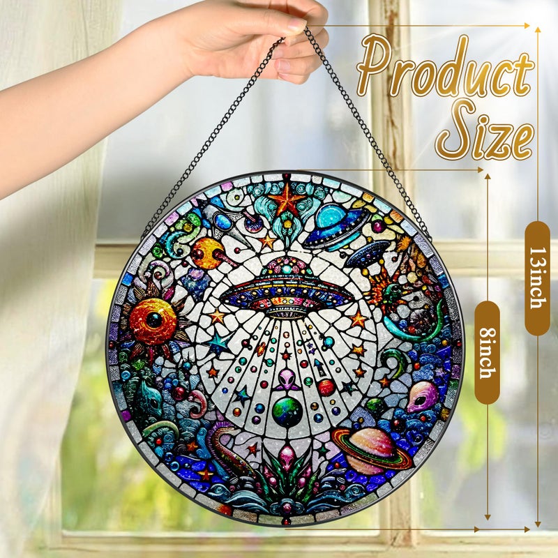 LAOWEIKI Stained Glass Window Hanging, LAOWEIKI 8'' UFO&Alien Suncatcher, Stained Glass Ornament, Suncatchers for Windows Hanging, Window Decor, Outdoor or Indoor, Gifts for Friends, Art Lover, Astronomer - Image 4
