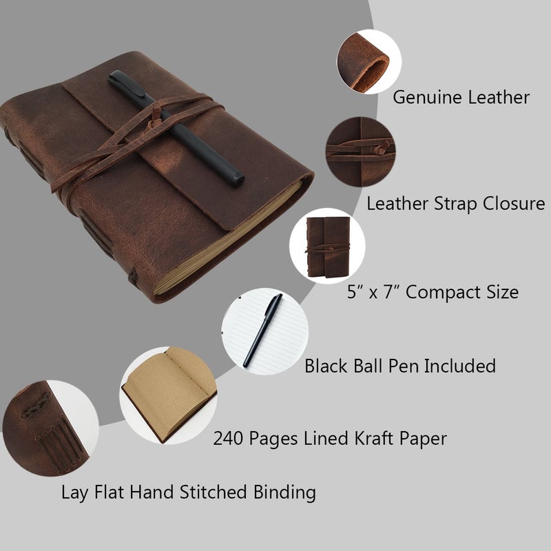CooLeathor Leather Journal Writing Notebook - Genuine Leather Bound Daily Notepad for Men & Women Lined Paper 240 Kraft Pages, Handmade, Rustic Brown, 5 x 7 in - Image 4