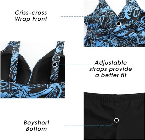 SEAFORM Women's Tankini Bathing Suits Two-Piece Tummy Control Swim Dress High Waist Printing Padded Swimsuits with Boyshorts Dark Blue - Image 4