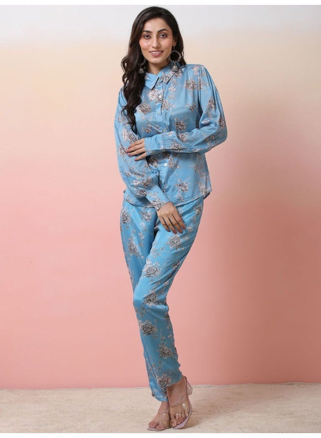 AKS Cerulean Blue Printed Chinnon Co-Ord Set  - Image 1