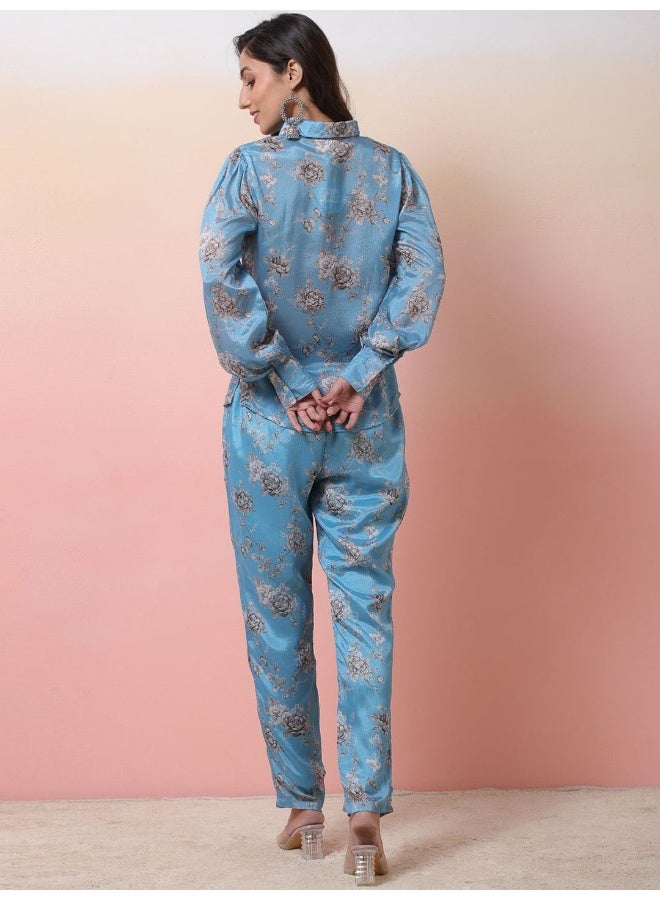 AKS Cerulean Blue Printed Chinnon Co-Ord Set  - Image 3