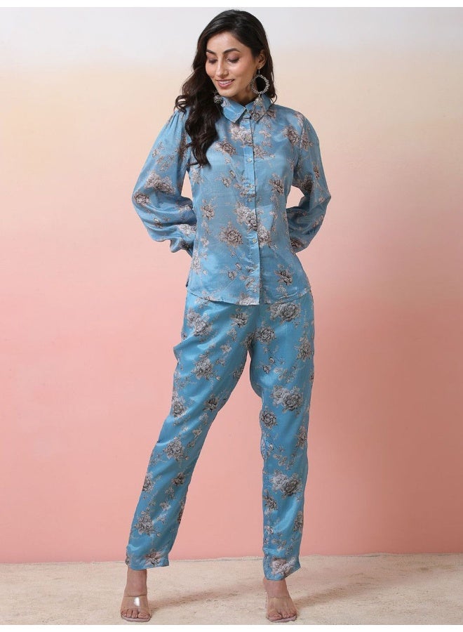 AKS Cerulean Blue Printed Chinnon Co-Ord Set  - Image 5