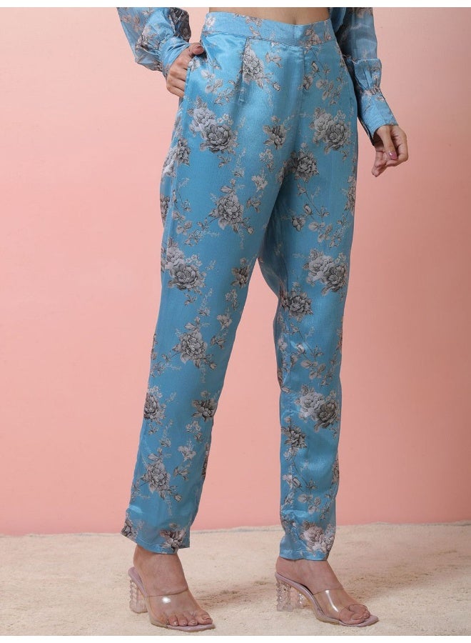 AKS Cerulean Blue Printed Chinnon Co-Ord Set  - Image 4