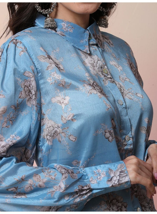 AKS Cerulean Blue Printed Chinnon Co-Ord Set  - Image 2