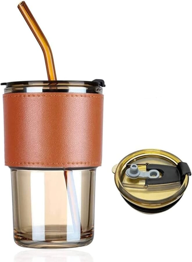 RAVIZAA Glass Tumbler Mug with Lid, Silicon Straw and Protective Anti-Slid Leather Sleeve for Hot and Cold Beverages Tea Coffee Smoothies Fruit Juice Travel Mug(435 ml)(Random Color)(2 Piece)