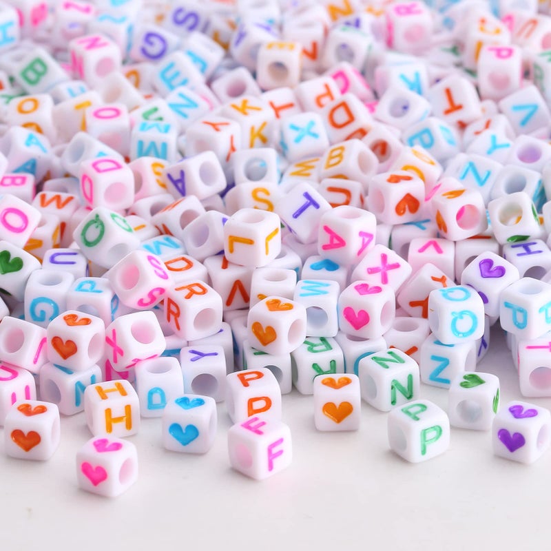 HERZWILD 1000Pcs Square Letter Beads and Heart Beads Acrylic Alphabet Cube Beads Mixed Colorful 6mm Letter Beads A  Z Beads for Making Art Craft Weaving DIY BraceletsWC