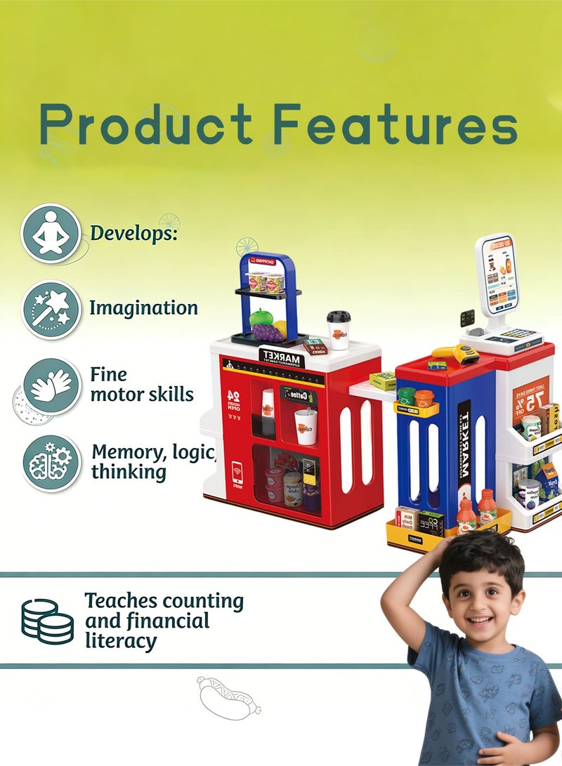 Mi VAZA 65PCS Supermarket Playset for Kids Pretend Play Grocery Store Playset with Storage Bag Cash Register Coffee Machine Play Food Accessories  Birthday Gift Toys for Kids (Blue Red) - Image 4