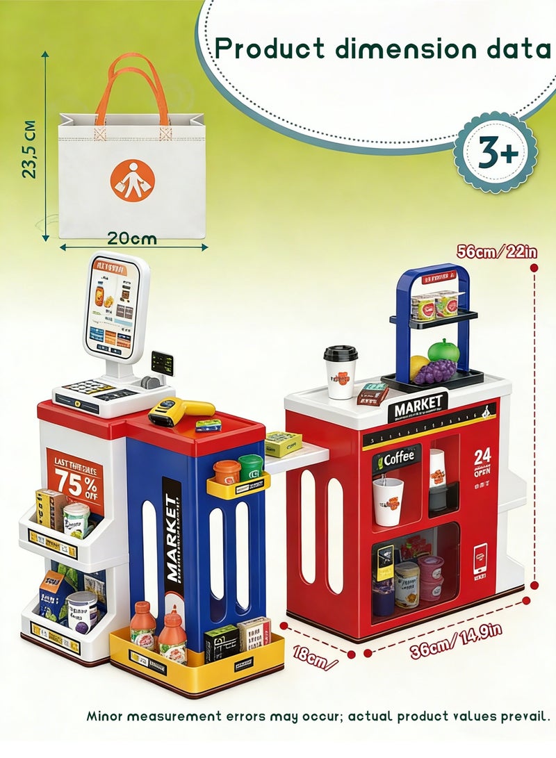 Mi VAZA 65PCS Supermarket Playset for Kids Pretend Play Grocery Store Playset with Storage Bag Cash Register Coffee Machine Play Food Accessories  Birthday Gift Toys for Kids (Blue Red) - Image 5