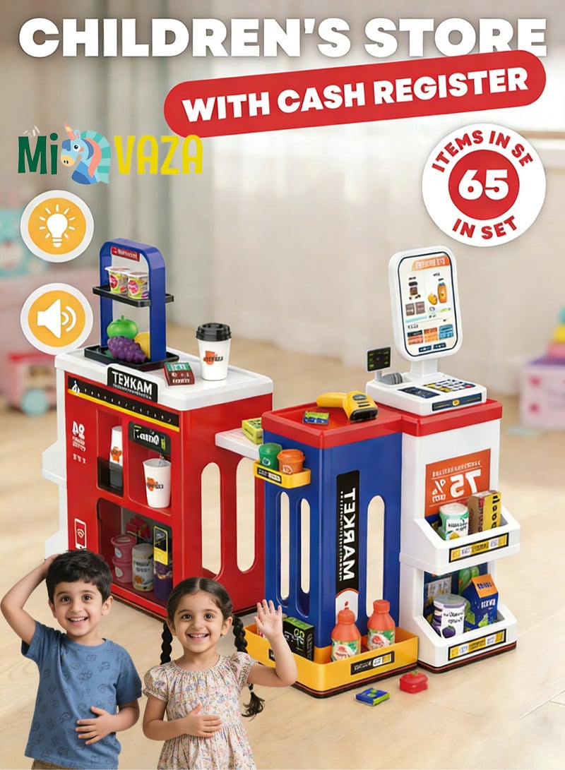 Mi VAZA 65PCS Supermarket Playset for Kids Pretend Play Grocery Store Playset with Storage Bag Cash Register Coffee Machine Play Food Accessories  Birthday Gift Toys for Kids (Blue Red) - Image 1