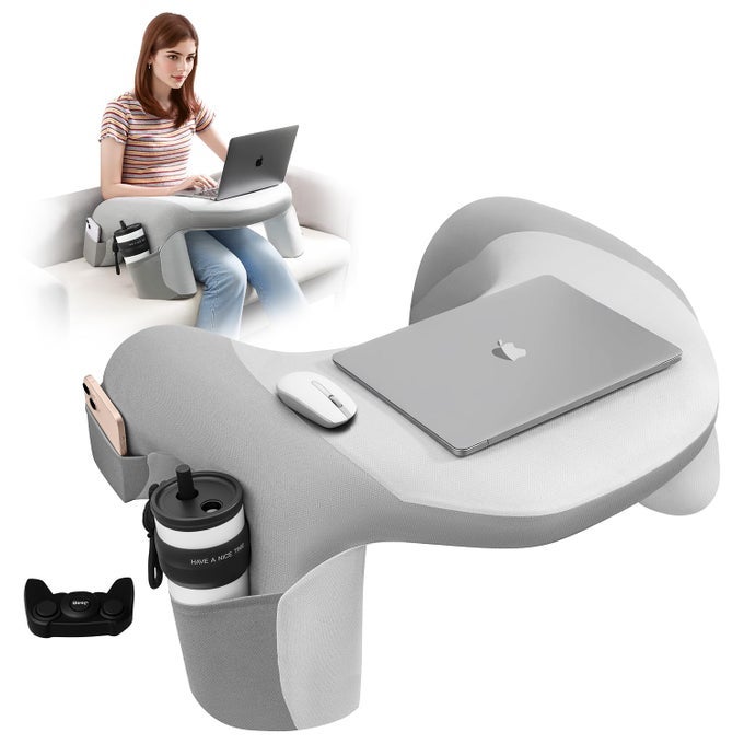 READING PILLOW FOR BED LAP DESK FOR LAPTOP MEMORY FOAM ARM REST SUPPORT GAMING PILLOW WITH CUPPHONE POCKET LAPTOP LAP DESK FOR WORKING GAMING READING ON COUCH BED FLOOR GREY