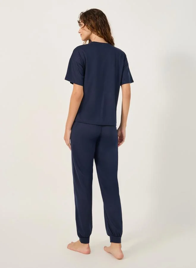 Styli Slogan Print Round Neck T-Shirt and Pyjama Set