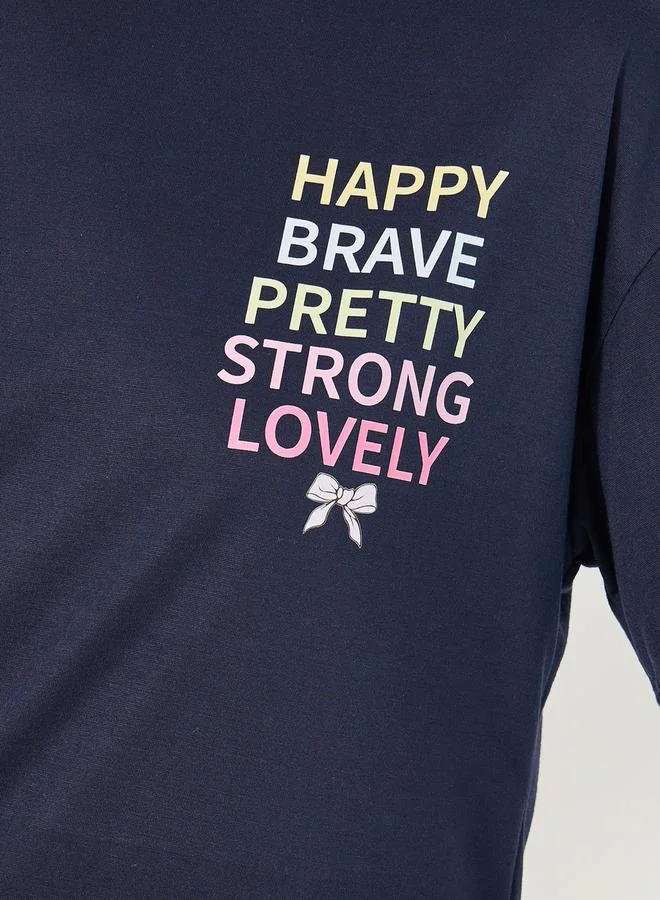 Styli Slogan Print Round Neck T-Shirt and Pyjama Set