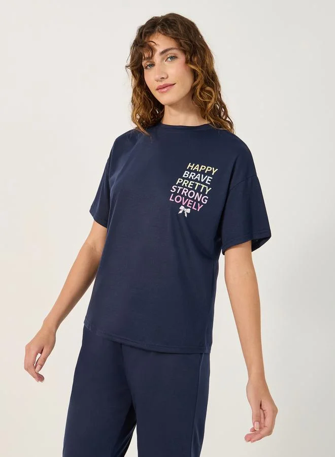 Styli Slogan Print Round Neck T-Shirt and Pyjama Set