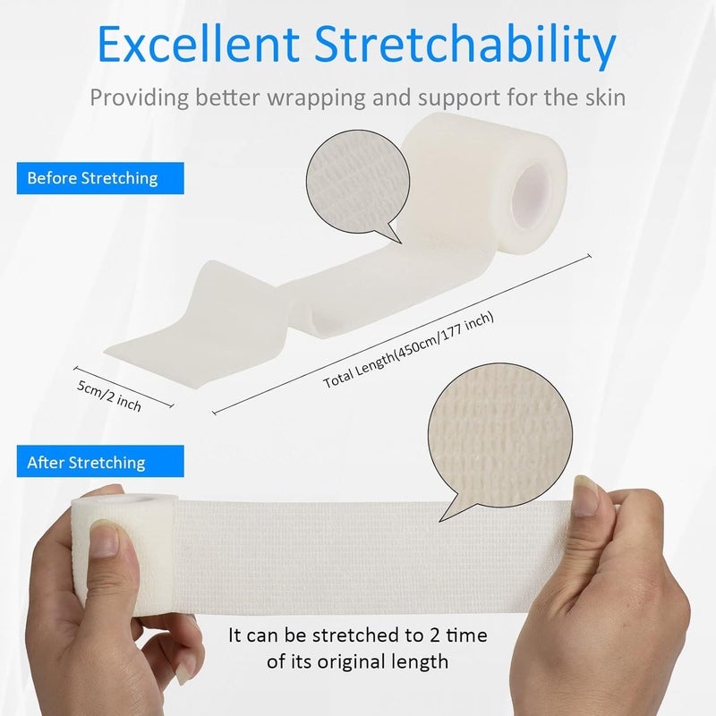 Sagafly 24 Pack Self Adherent Cohesive Wrap Bandages Non Woven Cohesive Bandage Elastic Self Adhesive Bandage Wrap Sports Athletic Tape First Aid Tape for Wrist Ankle Pet Vet Wrap Grip Cover 2 inch White - Image 2