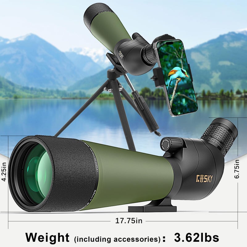 Gosky Flagship DiamondEdge 20-60x80 Spotting Scope with Tripod, Carrying Bag and Quick Phone Holder - BAK4 High Definition Waterproof Spotter Scope for Bird Watching Wildlife observing,Green - Image 2