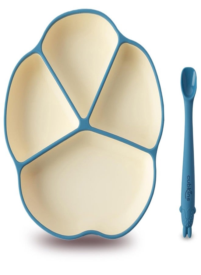 CUBKINS Silicone Suction Plate with Early Feeding Bendable Spoon for Feeding Babies | BPA Free, Washable and Reusable Feeding Plate with 4 Compartments (Blue Olive) - Image 1