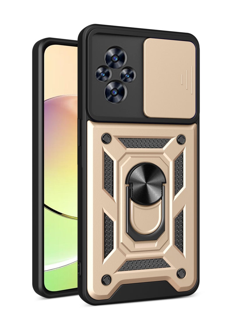 Shunjia Sliding Window Case, Shockproof Rugged Armor with Sliding Camera Cover & 360° Ring Kickstand, Compatible with Realme C67 (Gold) - Image 1