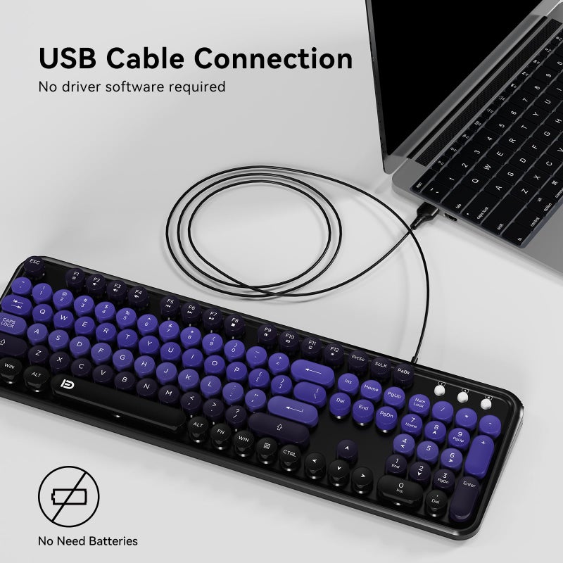 FOPETT 8870P Wired Keyboard and Mouse Combo - Full-Sized Computer Keyboards with 104 Round Keys Retro Typewriter Mouse and Keyboard for PC Windows Desktop Laptop - Purple Colorful - Image 3