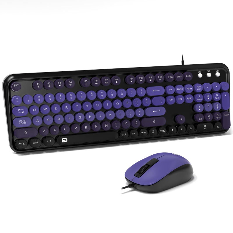 FOPETT 8870P Wired Keyboard and Mouse Combo - Full-Sized Computer Keyboards with 104 Round Keys Retro Typewriter Mouse and Keyboard for PC Windows Desktop Laptop - Purple Colorful - Image 1