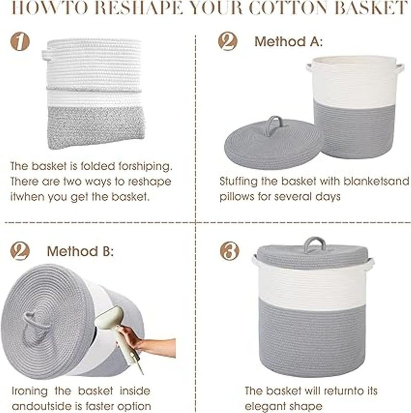 GRATIFY Mansa Traders 12 x 12 x 14 Large Storage Basket with Lid Cotton Rope Storage Baskets Laundry Hamper Blankets Pillows Storage in Living Room Baby Nursery Basket With top Cover Mix Grey  - Image 4