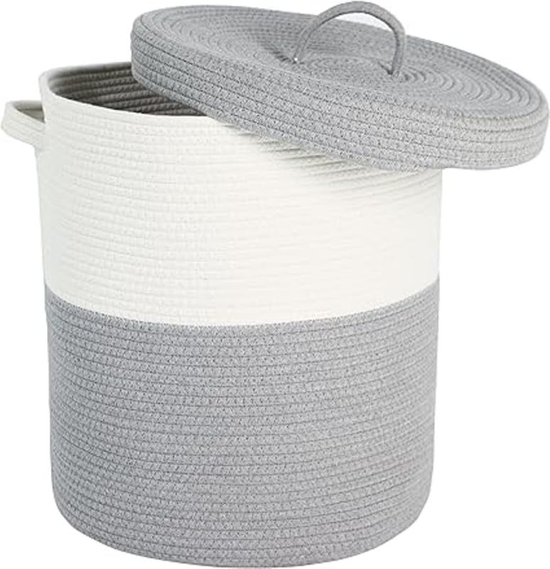 GRATIFY Mansa Traders 12 x 12 x 14 Large Storage Basket with Lid Cotton Rope Storage Baskets Laundry Hamper Blankets Pillows Storage in Living Room Baby Nursery Basket With top Cover Mix Grey  - Image 1