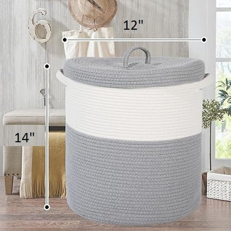 GRATIFY Mansa Traders 12 x 12 x 14 Large Storage Basket with Lid Cotton Rope Storage Baskets Laundry Hamper Blankets Pillows Storage in Living Room Baby Nursery Basket With top Cover Mix Grey  - Image 3