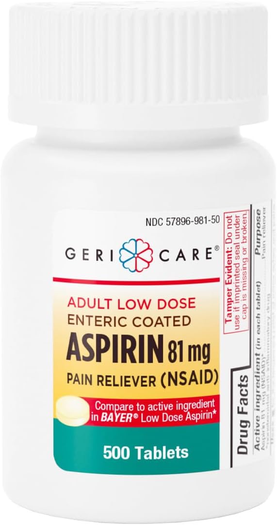GeriCare Aspirin 81mg Adult Low Dose Pain Reliever  Enteric Coated Tablets for Enhanced Absorption and Gentle Digestion  Supports Blood Flow Reduces Inflammation 500 Count Pack of 1 - Image 1