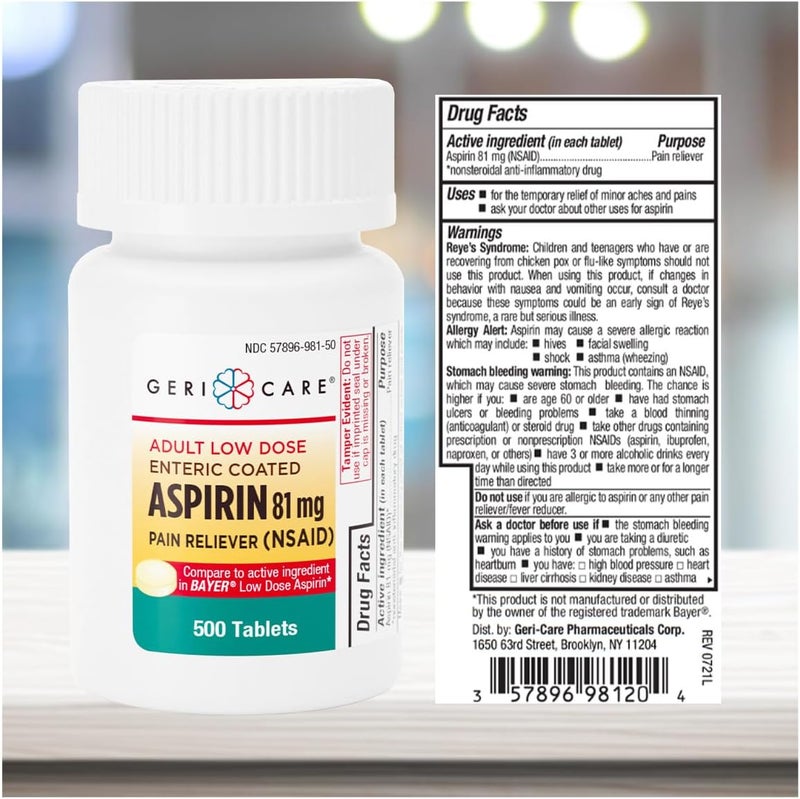 GeriCare Aspirin 81mg Adult Low Dose Pain Reliever  Enteric Coated Tablets for Enhanced Absorption and Gentle Digestion  Supports Blood Flow Reduces Inflammation 500 Count Pack of 1 - Image 3