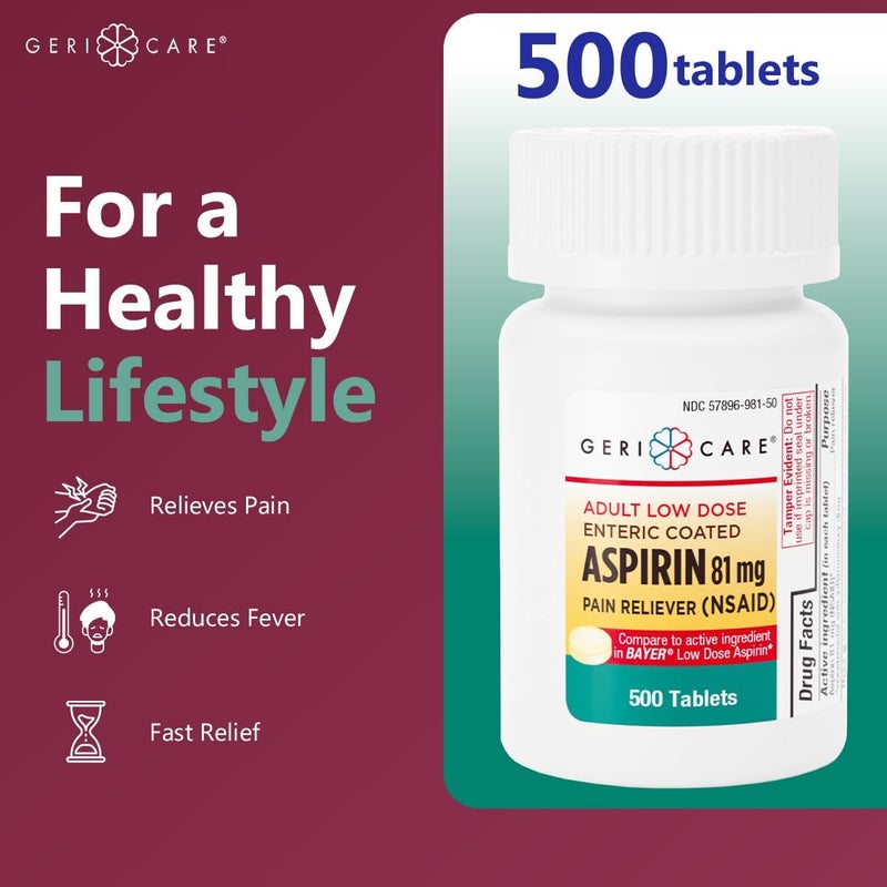 GeriCare Aspirin 81mg Adult Low Dose Pain Reliever  Enteric Coated Tablets for Enhanced Absorption and Gentle Digestion  Supports Blood Flow Reduces Inflammation 500 Count Pack of 1 - Image 4