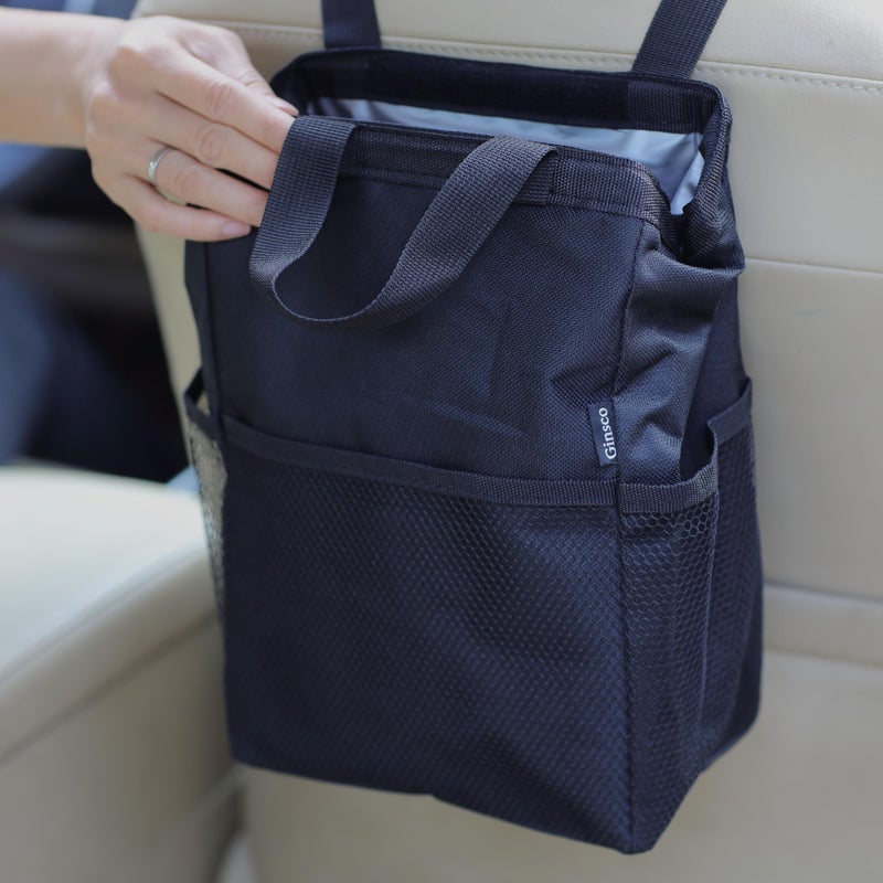 Ginsco New LeakProof Travel Trash Bag Hanging Car Trash Can with Hook and Loop Lid and Handle Multipurpose Trash Bin with Storage Pockets for Car SUV Truck RV Camping 2 Gallons Black - Image 2