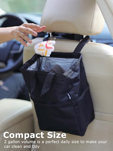 Ginsco New LeakProof Travel Trash Bag Hanging Car Trash Can with Hook and Loop Lid and Handle Multipurpose Trash Bin with Storage Pockets for Car SUV Truck RV Camping 2 Gallons Black - Image 3