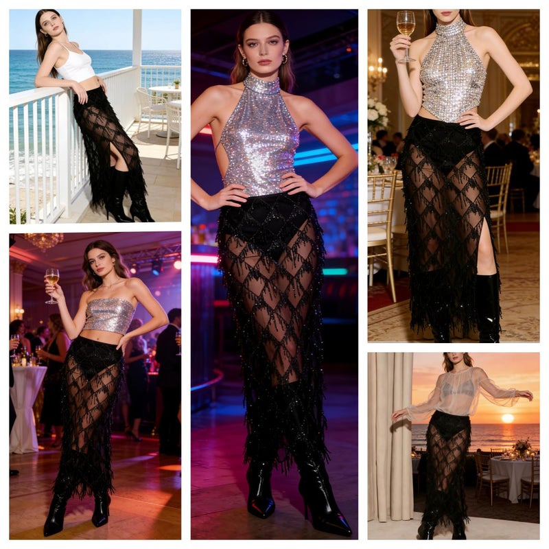 AXX Women's Sequin Fringe Midi Skirt - Sheer Mesh Sparkly Tassel Skirt with Side Slit, Elastic Waist Glitter Party Club (US, Alpha, Large, Regular, Regular, Black) - Image 2