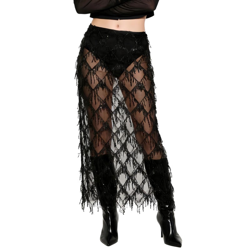 AXX Women's Sequin Fringe Midi Skirt - Sheer Mesh Sparkly Tassel Skirt with Side Slit, Elastic Waist Glitter Party Club (US, Alpha, Large, Regular, Regular, Black) - Image 1