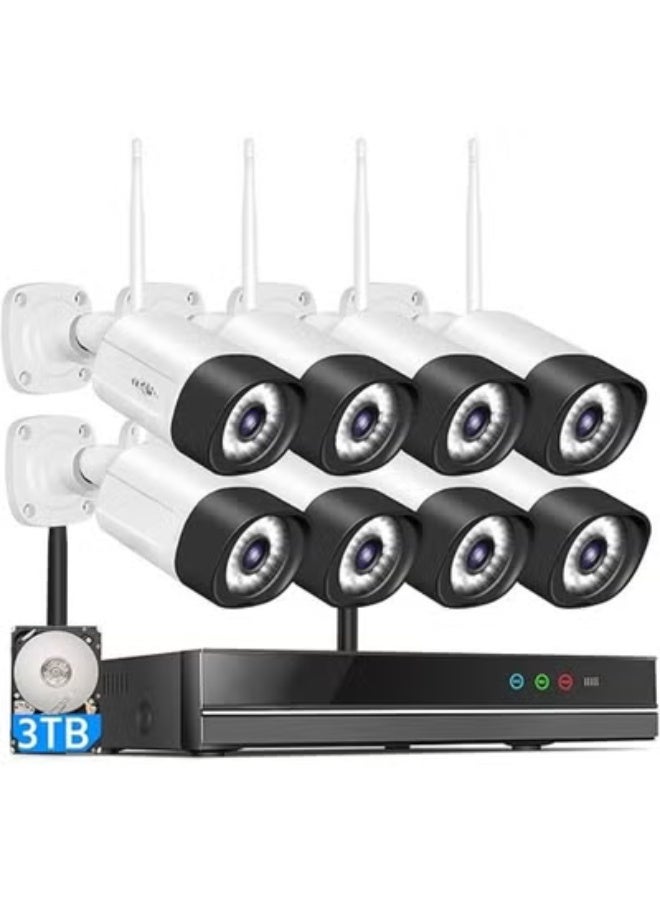 نظام كامل أمان WiFi – 8 كاميرات 5MP، 10 قنوات NVR، قرص صلب 3 تيرابايت، صوت ثنائي الاتجاه، جهاز تحكم عن بعد، مقاوم للماء - Image 1