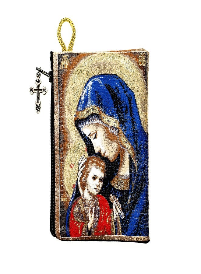 Intercession Hand-Woven, Lined Madonna and Child Rosary Pouch, Made in Turkey with Premium Metallic Thread (Red - Small) - Image 1