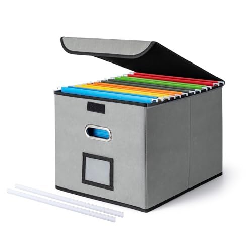 CADONO File Organizer Box with Lid, Large Hanging File Folder Organizer with Plastic Slide, Collapsible Portable Filing Storage Boxes for Office/Decor/Home (Grey, 14.9 x 12.59 x 10.8 inch) - Image 1