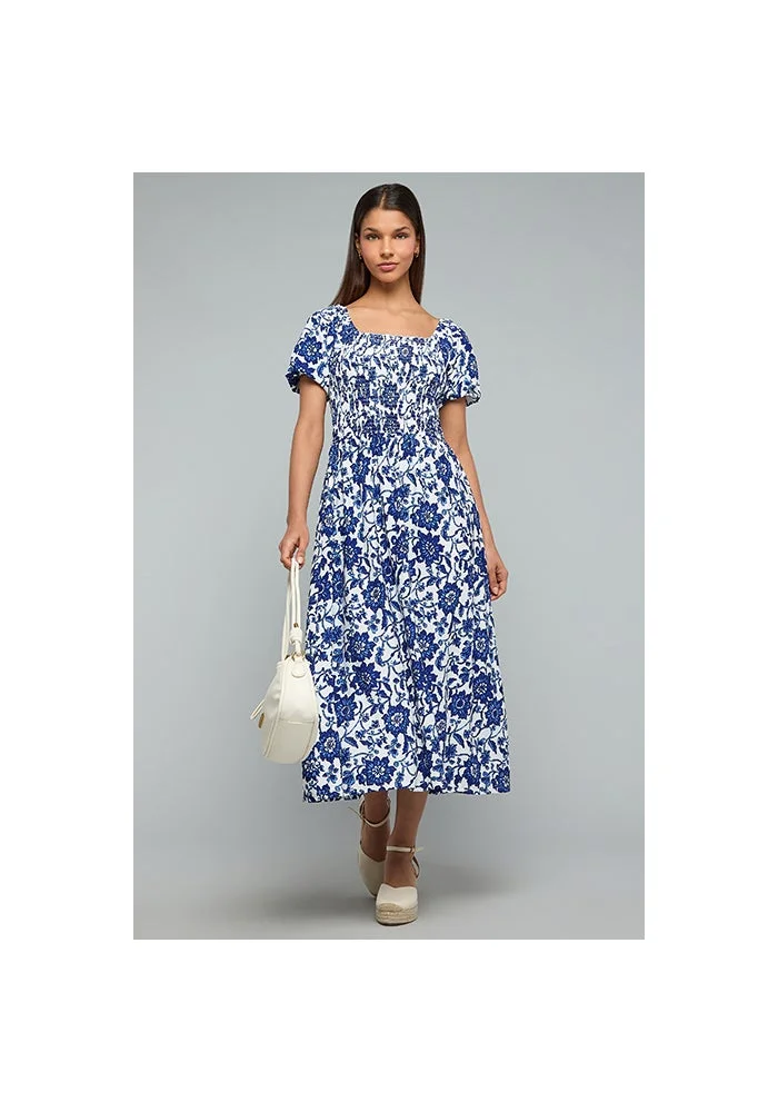 أر أند بي Printed Flared Dress with Square Neck and Puff Sleeves