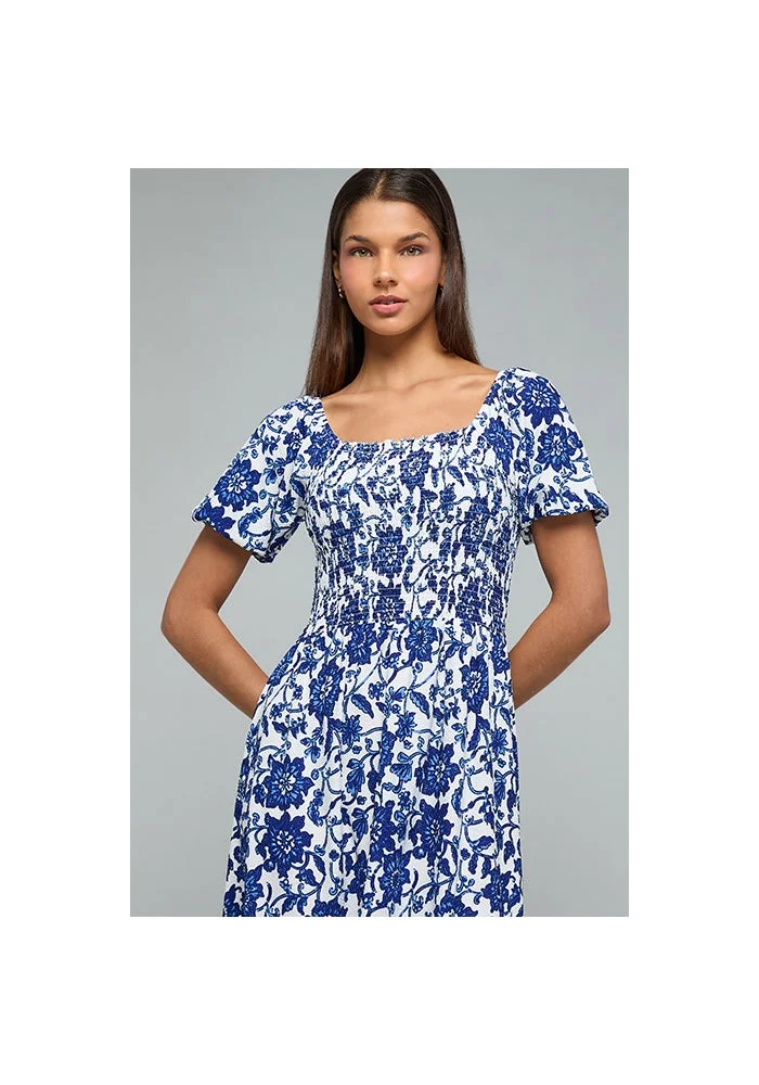 أر أند بي Printed Flared Dress with Square Neck and Puff Sleeves